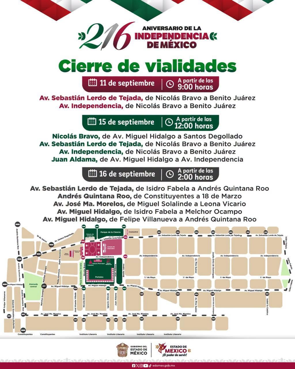 ¡Toma previsiones! Habrá cierres viales en el Centro de Toluca por festejos patrios