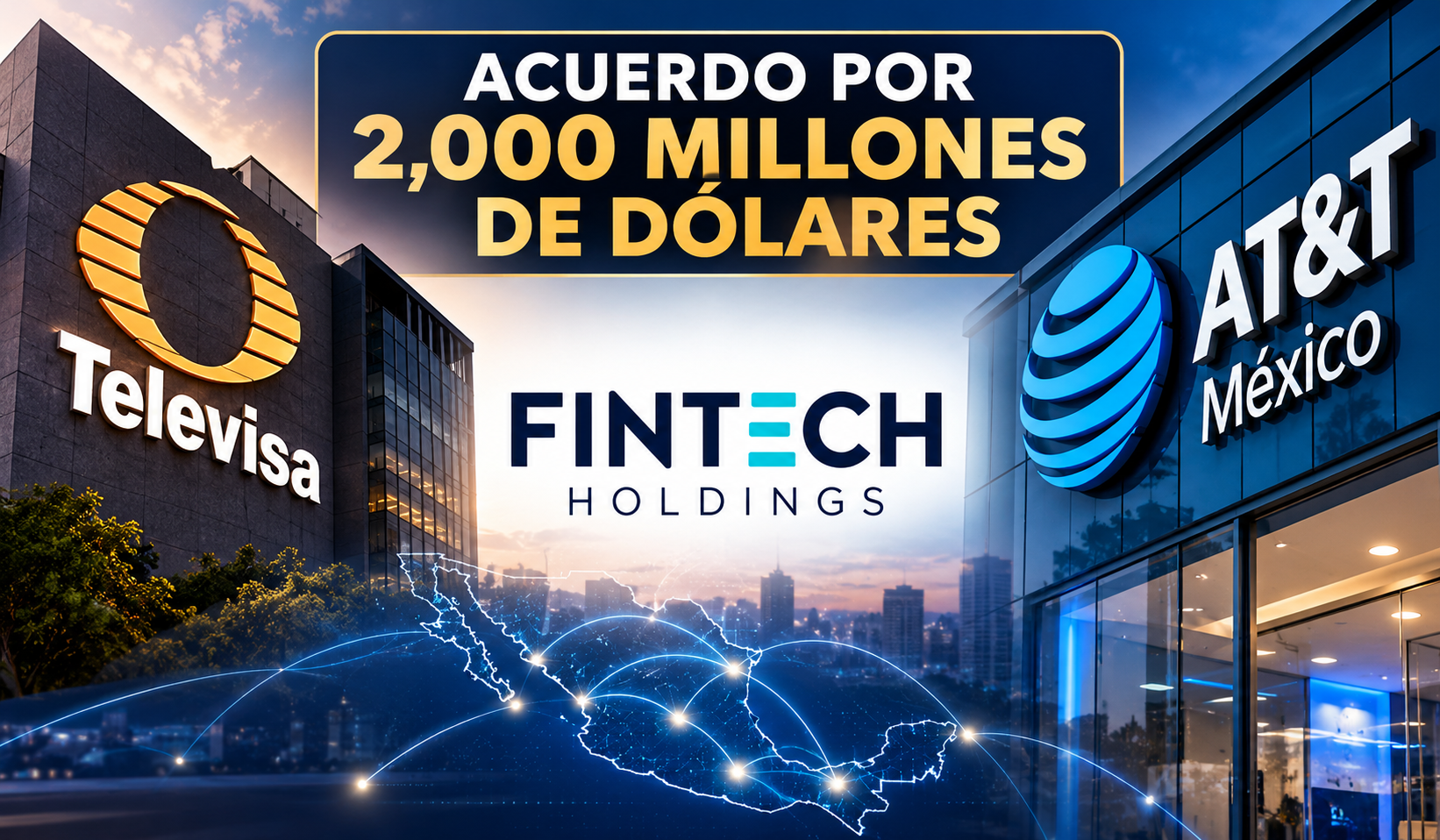 Imagen ilustrativa del acuerdo entre Grupo Televisa y Fintech Holdings para adquirir AT&T México por 2 mil millones de dólares. Creada mediante inteligencia artificial con fines exclusivamente informativos, sin actividades de lucro.